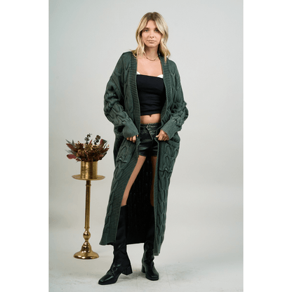 Mineral Wash Open Front Cable Knit Long Cardigan