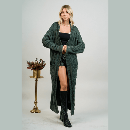 Mineral Wash Open Front Cable Knit Long Cardigan