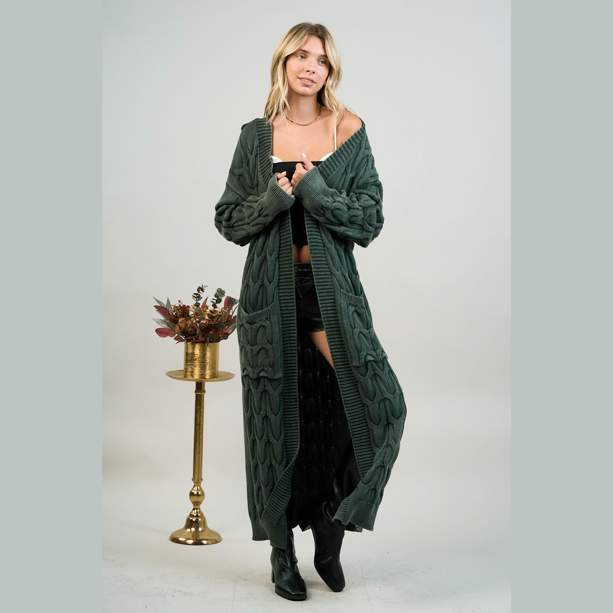 Mineral Wash Open Front Cable Knit Long Cardigan