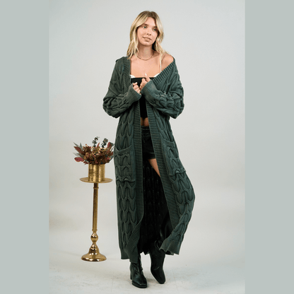 Mineral Wash Open Front Cable Knit Long Cardigan