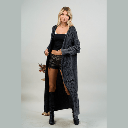 Mineral Wash Open Front Cable Knit Long Cardigan