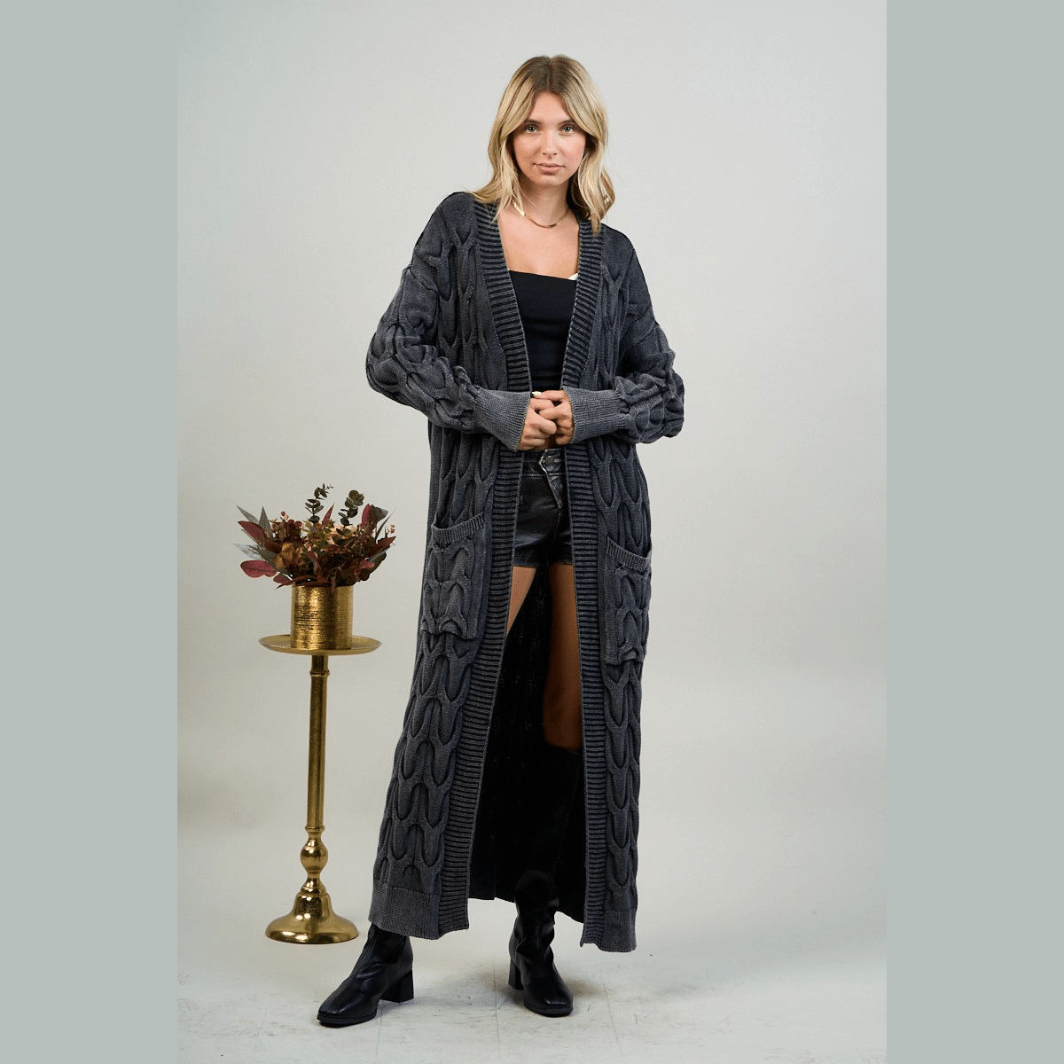 Mineral Wash Open Front Cable Knit Long Cardigan