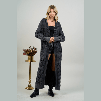 Mineral Wash Open Front Cable Knit Long Cardigan