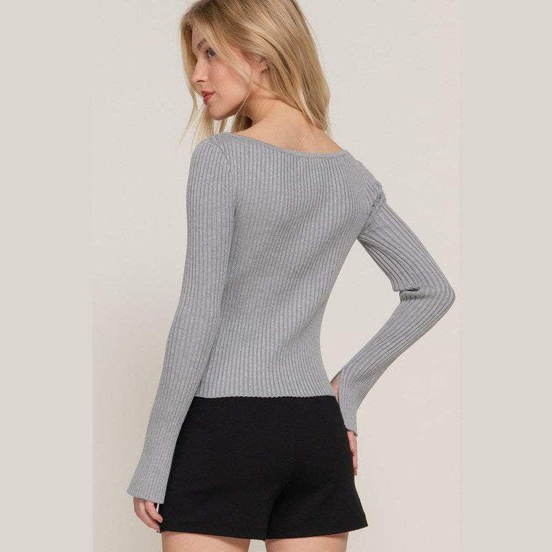 Ribbed Boat Neck Long Sleeve Top