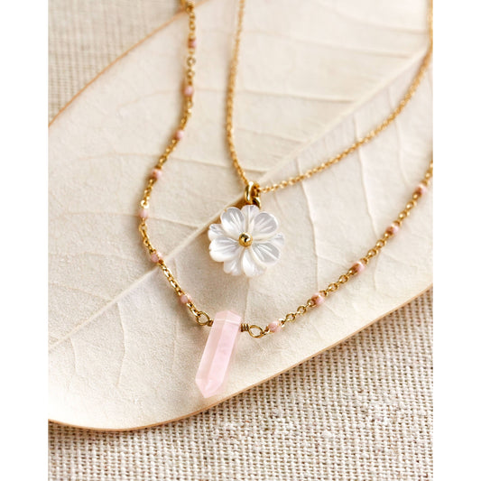 Blooming Crystal Layered Necklace Set- Rose Quartz