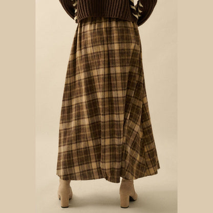 Plaid Flannel Pleated Wrapped Raw-Edge Maxi Skirt