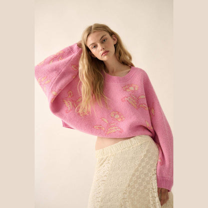 Floral Knit Cropped Dolman-Sleeve Sweater