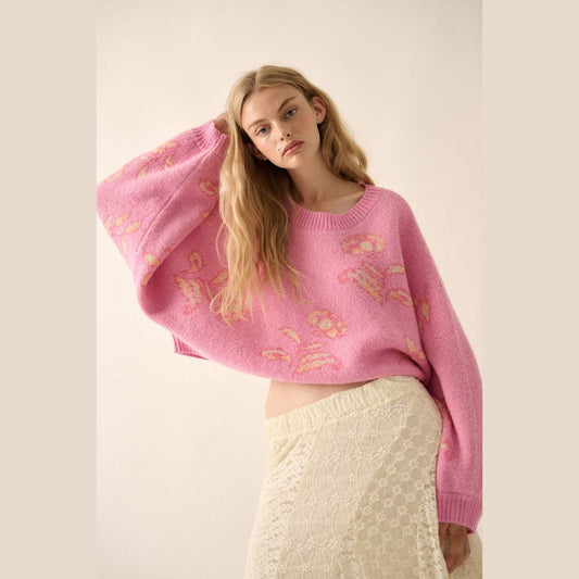 Floral Knit Cropped Dolman-Sleeve Sweater
