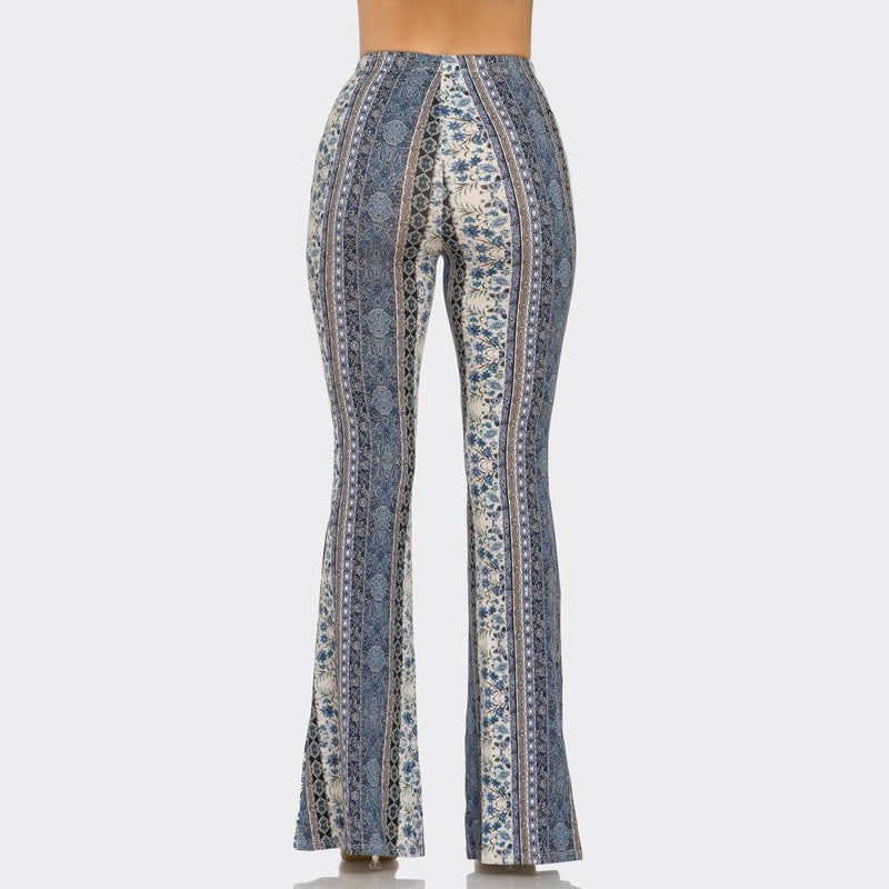 Steel Blue Floral Flare Pants