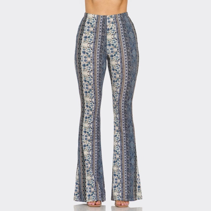 Steel Blue Floral Flare Pants