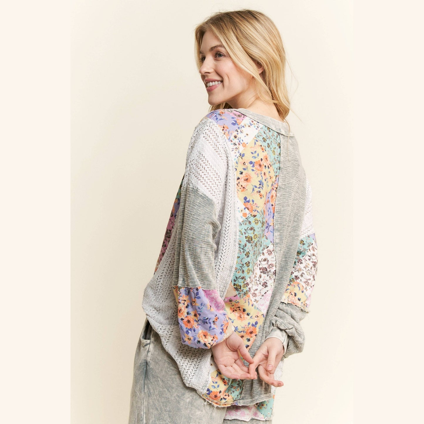 Mineral Washed Floral WaveKnit Jacquard Boho Top