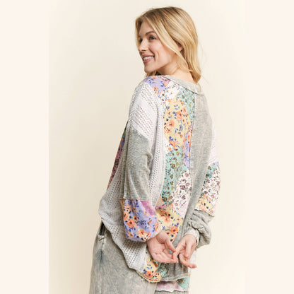 Mineral Washed Floral WaveKnit Jacquard Boho Top