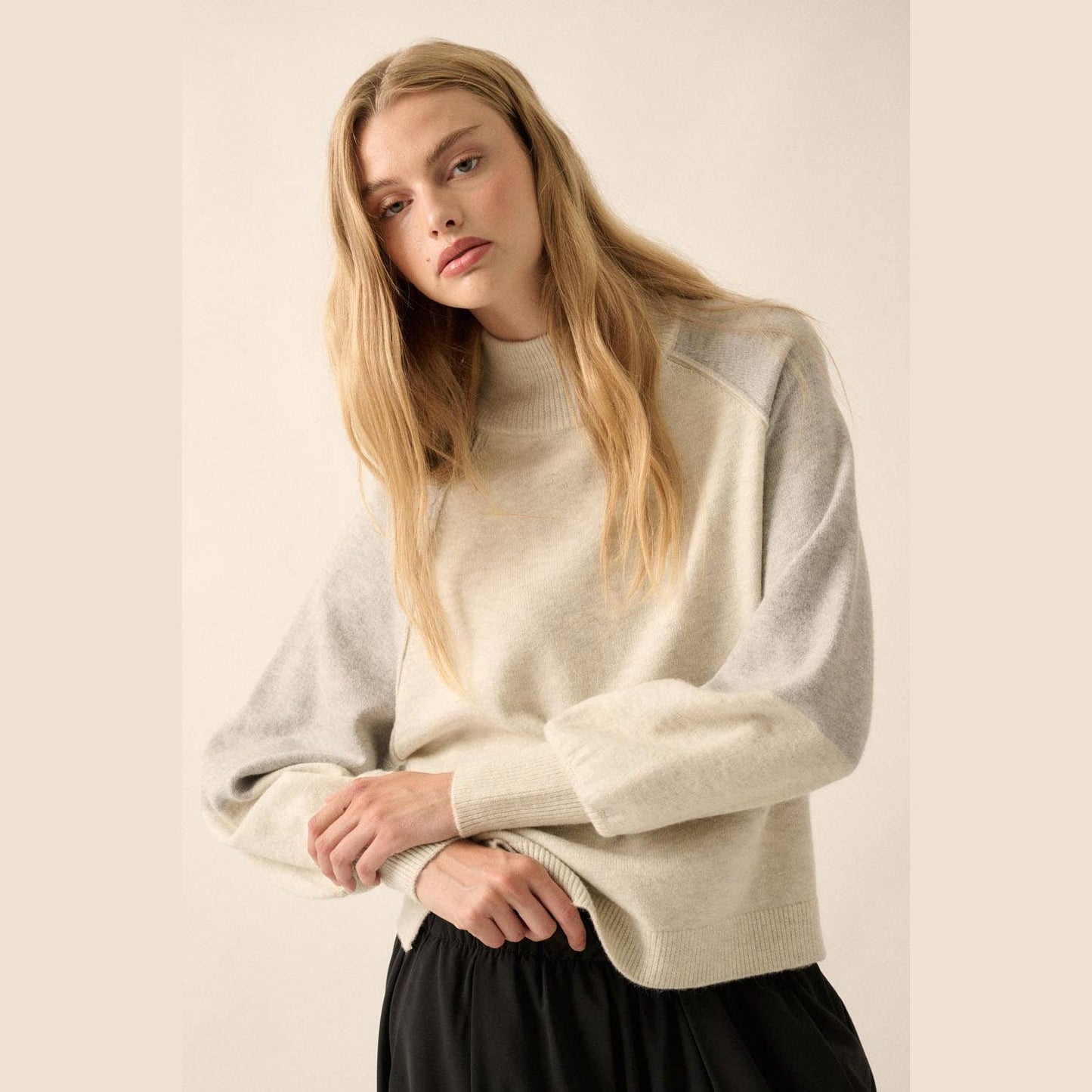 Colorblock Knit Bishop-Sleeve Mock-Neck Sweater