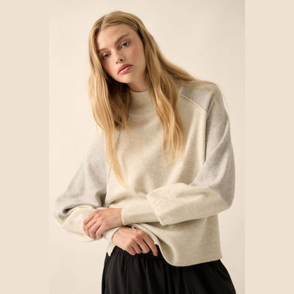 Colorblock Knit Bishop-Sleeve Mock-Neck Sweater