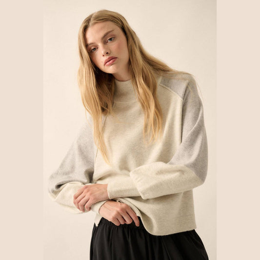 Colorblock Knit Bishop-Sleeve Mock-Neck Sweater