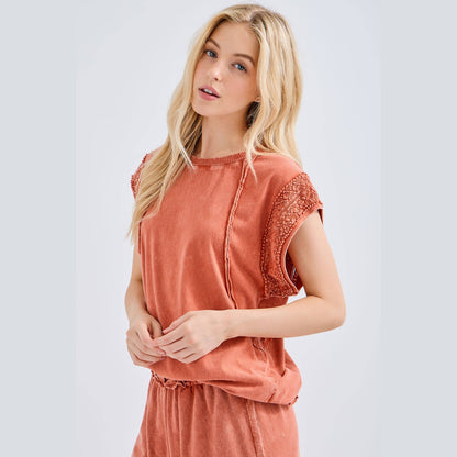 Mineral Wash Trim Cap sleeve Blouse
