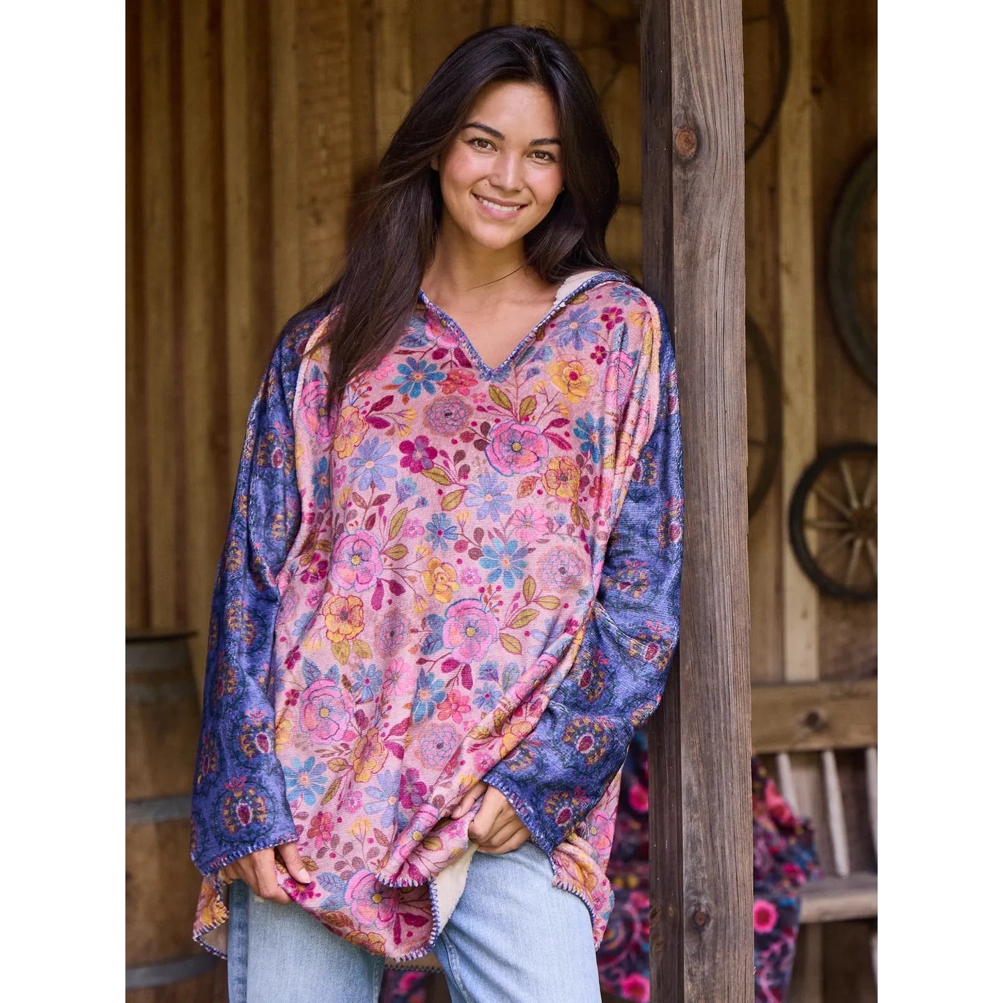 Cozy Blanket Hoodie - Light Pink Navy Medallion