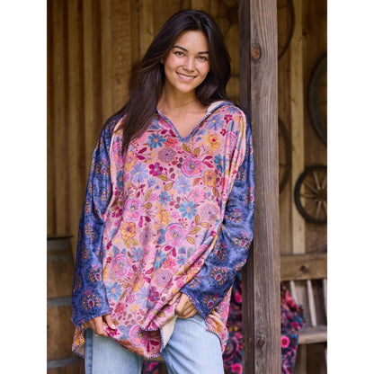 Cozy Blanket Hoodie - Light Pink Navy Medallion