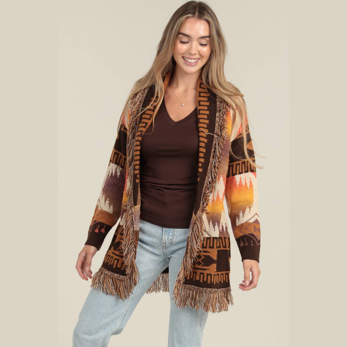 FRINGE SHAWL COLLARD AZTEC CARDIGAN SWEATER