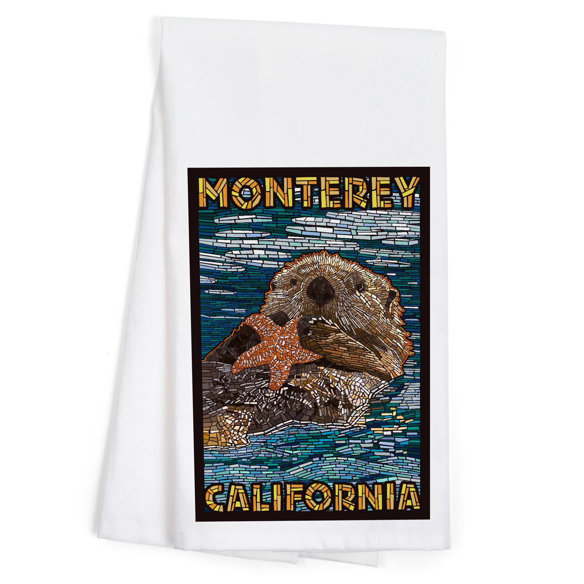 ORGANIC TEA TOWEL Monterey, California, Sea Otter, Mosaic