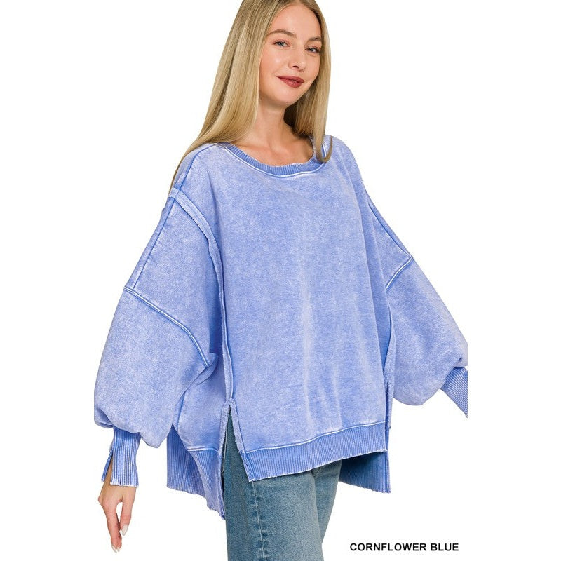 Acid Washed Batwing Sleeve Fleece Sweatshirts