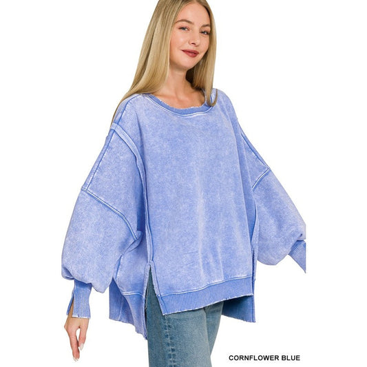 Acid Washed Batwing Sleeve Fleece Sweatshirts