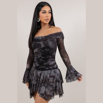 Off Shoulder Tie Dye Scarf Hem Mini Dress