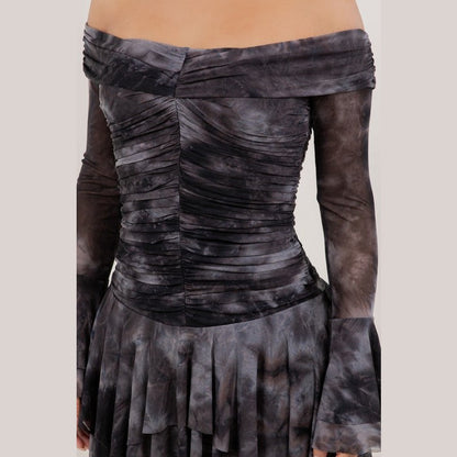 Off Shoulder Tie Dye Scarf Hem Mini Dress