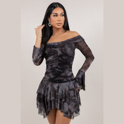 Off Shoulder Tie Dye Scarf Hem Mini Dress