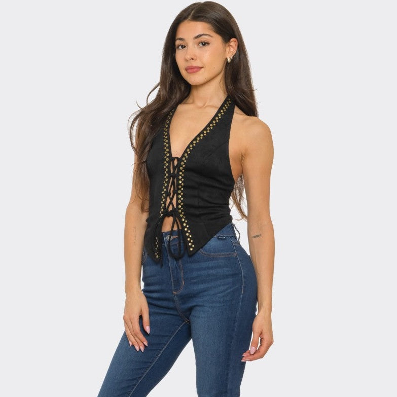 Tie Front Gold Studs Suede Top
