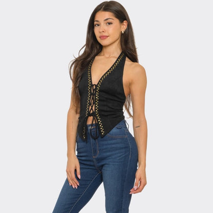 Tie Front Gold Studs Suede Top