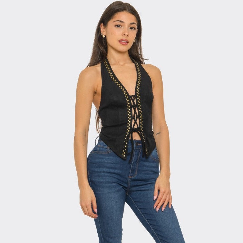 Tie Front Gold Studs Suede Top