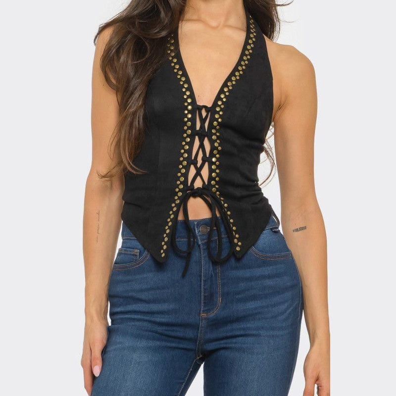 Tie Front Gold Studs Suede Top
