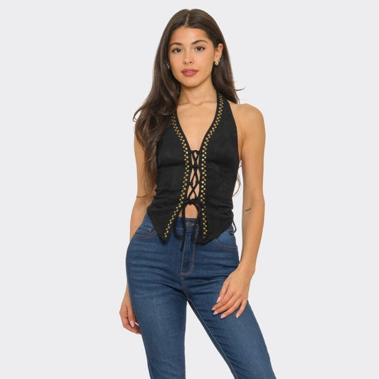 Tie Front Gold Studs Suede Top