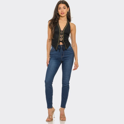 Tie Front Gold Studs Suede Top