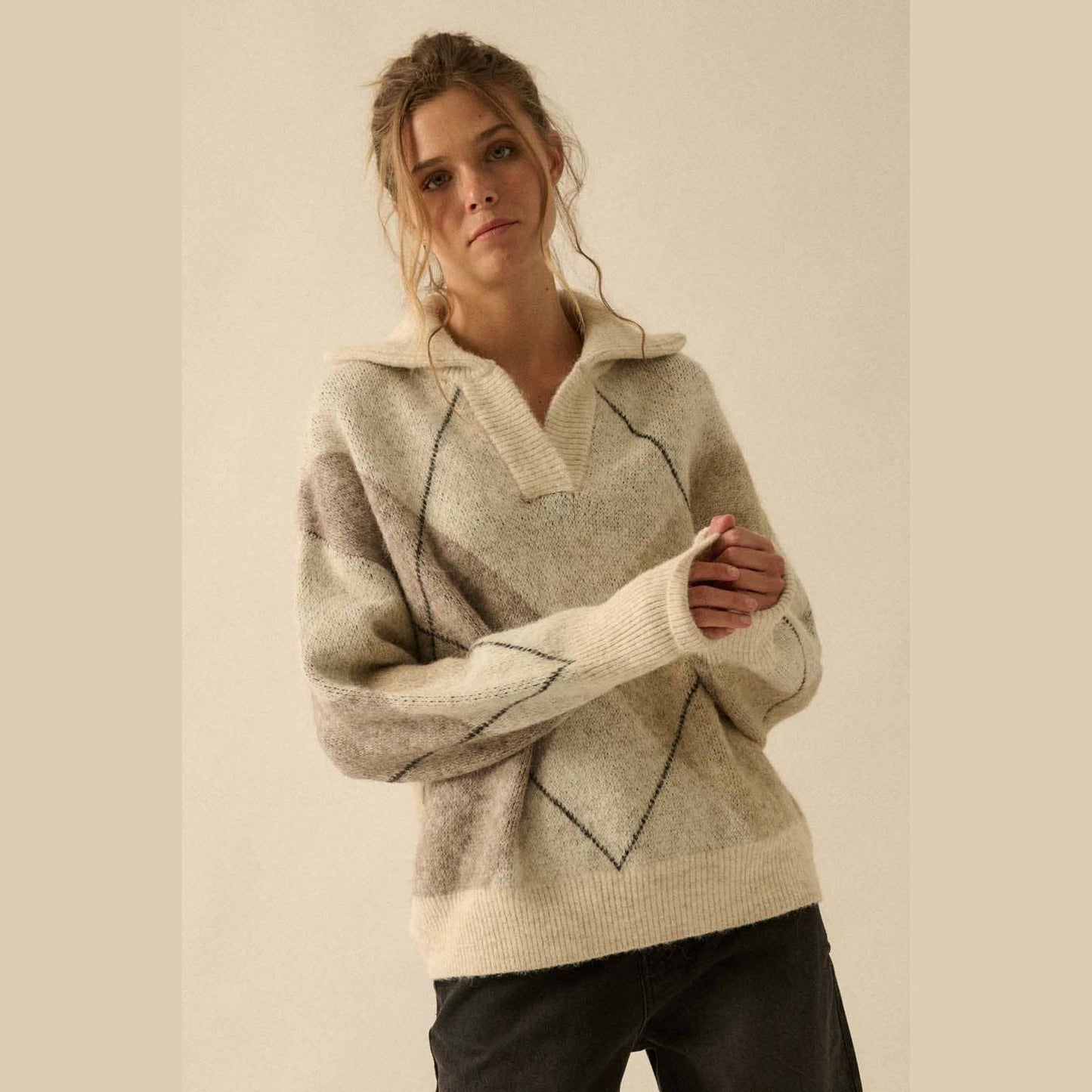 Argyle Plaid Knit Split-Neck Collared Sweater