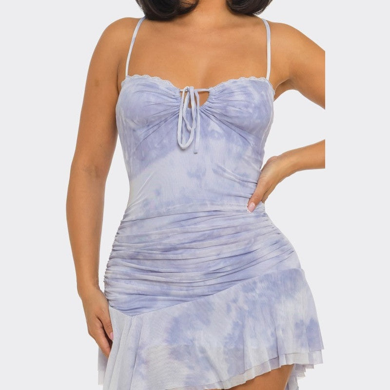 Tie Dye Printed Ruffle Mini Dress