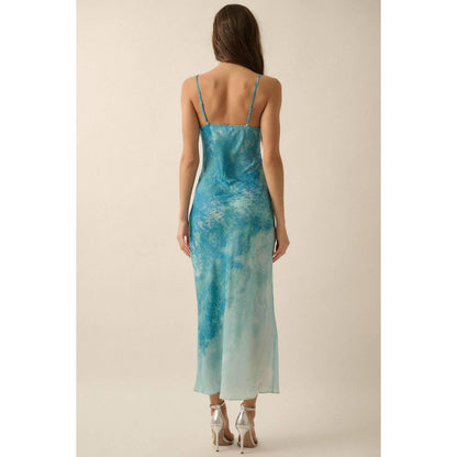 Tie Dye-Print Satin Bias-Cut Maxi Dress