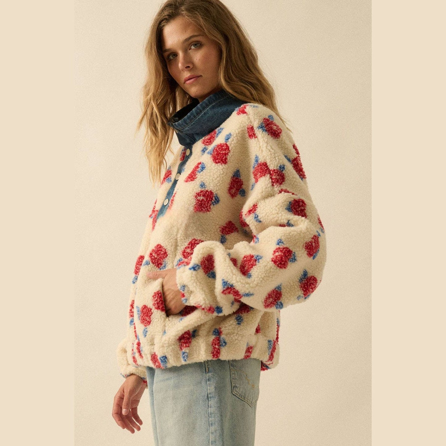 Floral Fleece and Denim Half-Snap Pullover