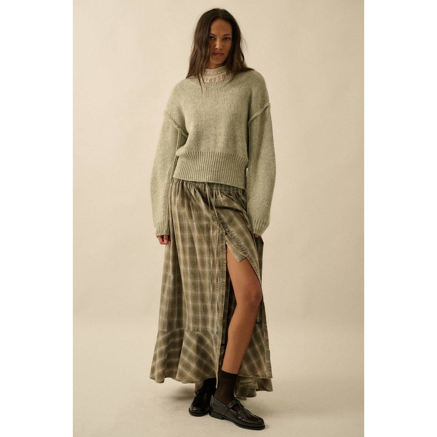 Plaid Flannel Button-Front Drawstring Maxi Skirt