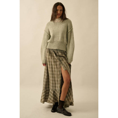 Plaid Flannel Button-Front Drawstring Maxi Skirt