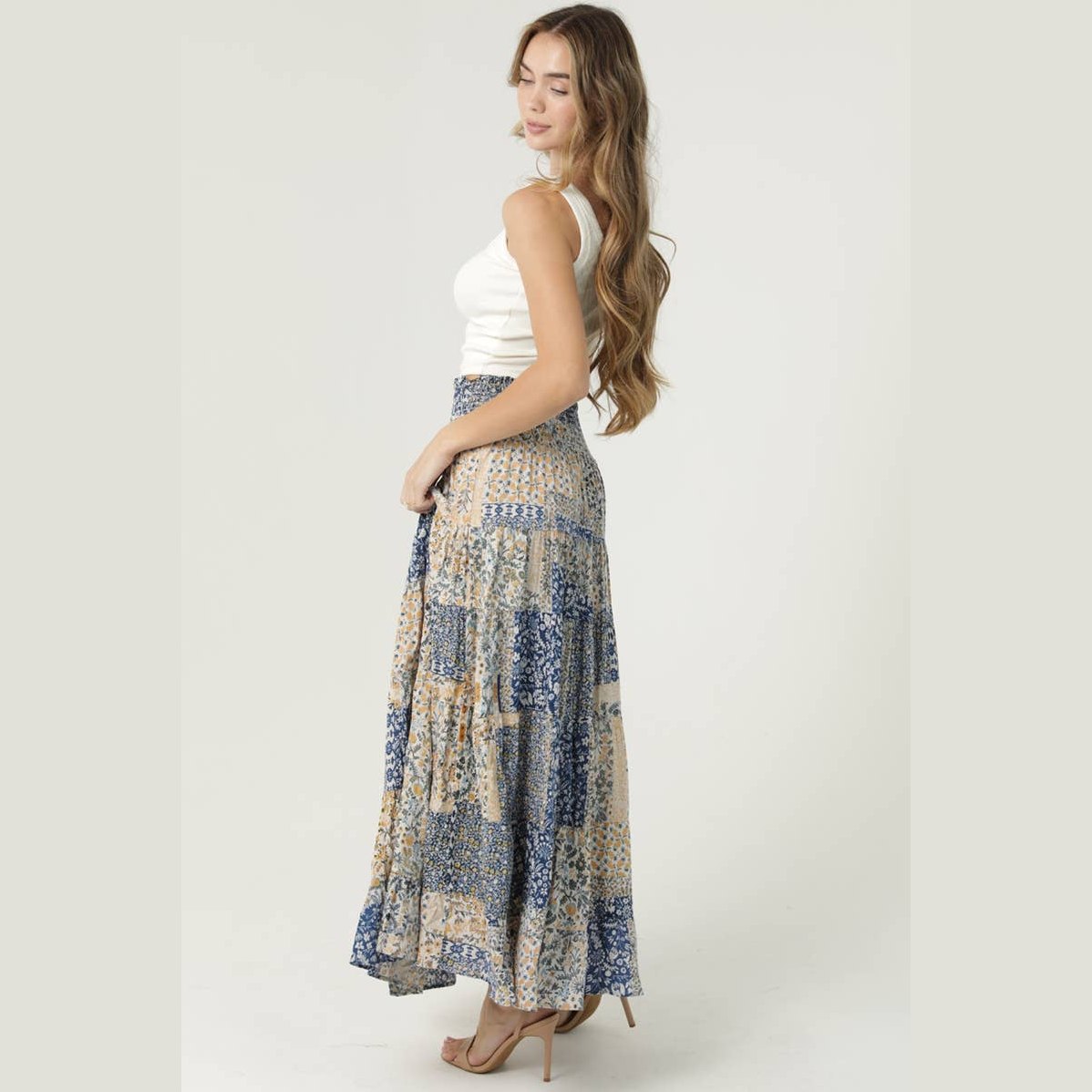 SMOCKED WAISTBAND PATCHWORK PRINT A LINE TIERED M - The Feral Market
