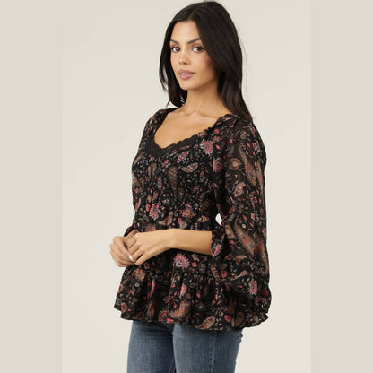 BURNOUT SATIN BELL SLEEVE LACE TRIM BLOUSE