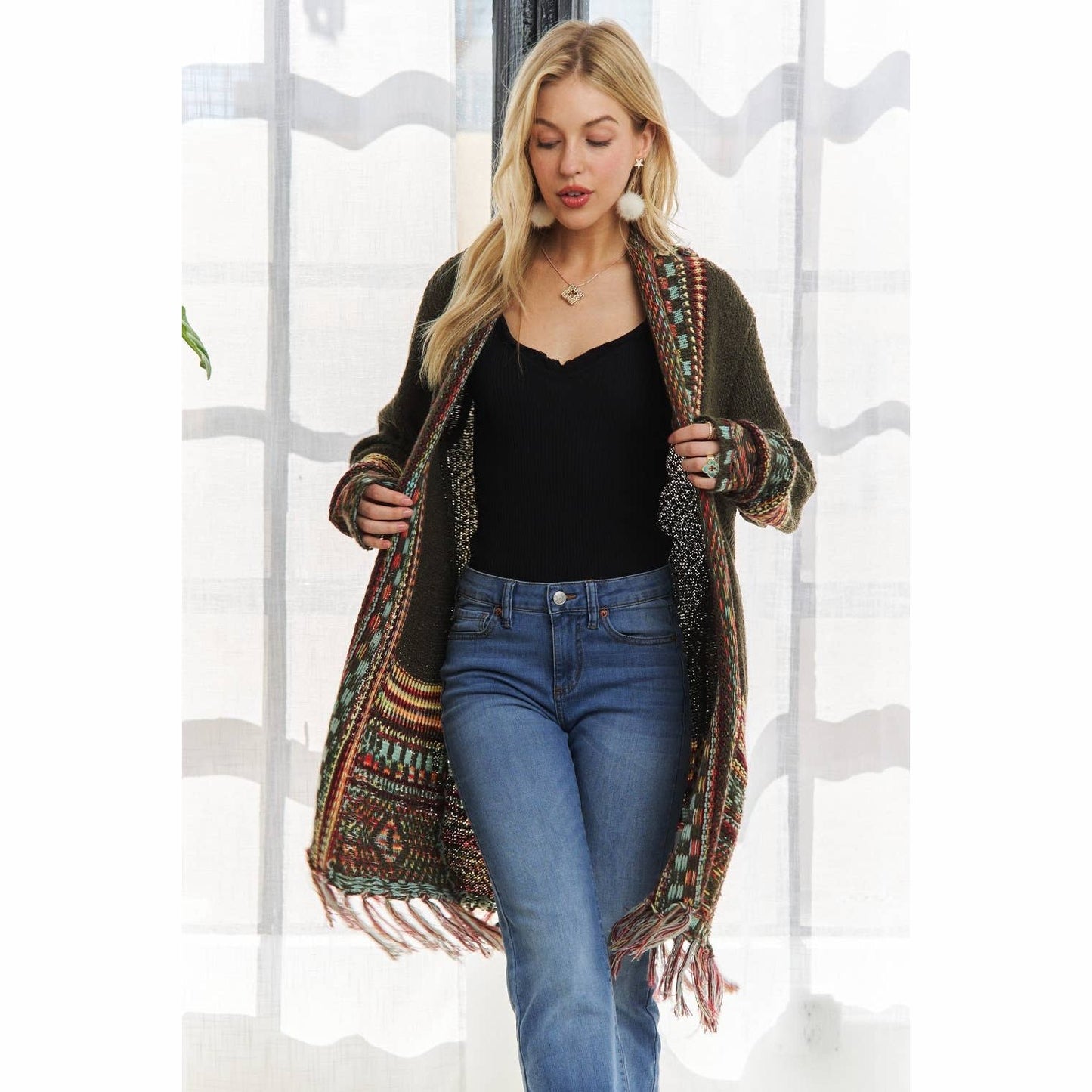 Fringe Hem Multicolor Cardigan