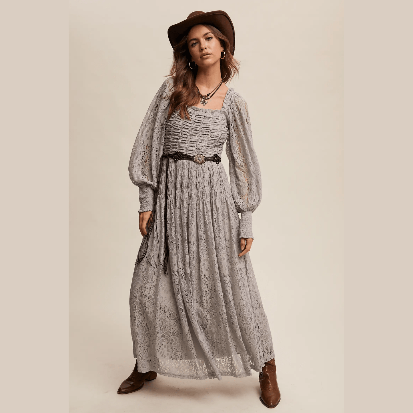 Vintage Lace Maxi Dress with Smocked Details