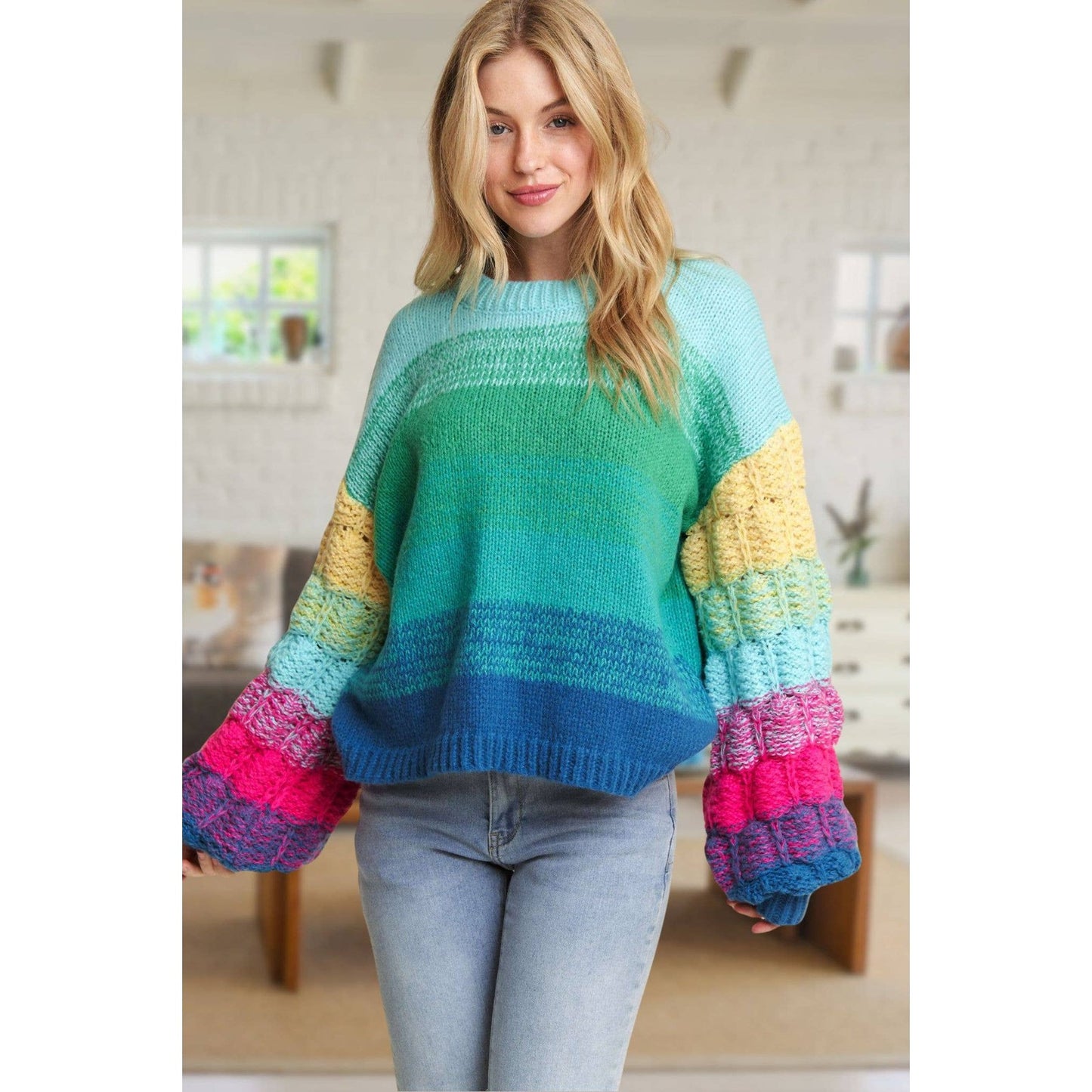 Rainbow Puff Sleeve Sweater