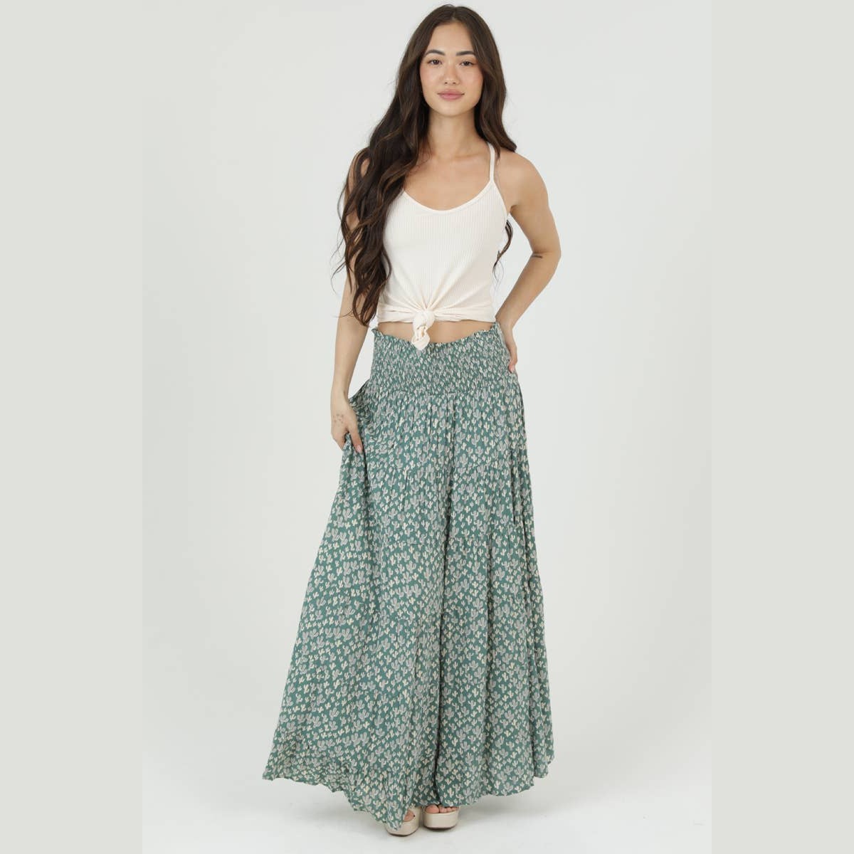 CACTUS PRINT SMOCKED WAIST TIERED A LINE MAXI SKI - The Feral Market