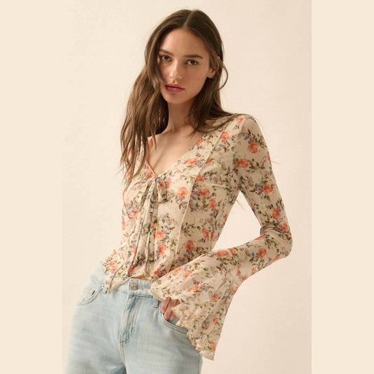 Floral-Print Mesh V-Neck Bell-Sleeve Top