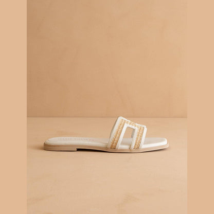 The Ena | White H Cutout Raffia Slide