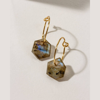 14Kt Sterling Silver Geometry Mini Hoop Earrings-Labradorite